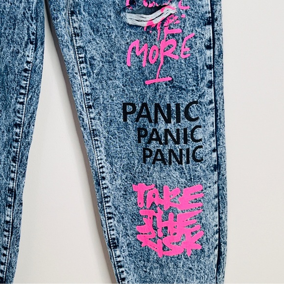 Shevadne Acid Washed Denim Jeans Graffiti Elastic Hi Rise 80's Style Womens L - Picture 4 of 14